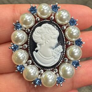 Vintage style Cameo Brooch with Pearls and Blue Accents